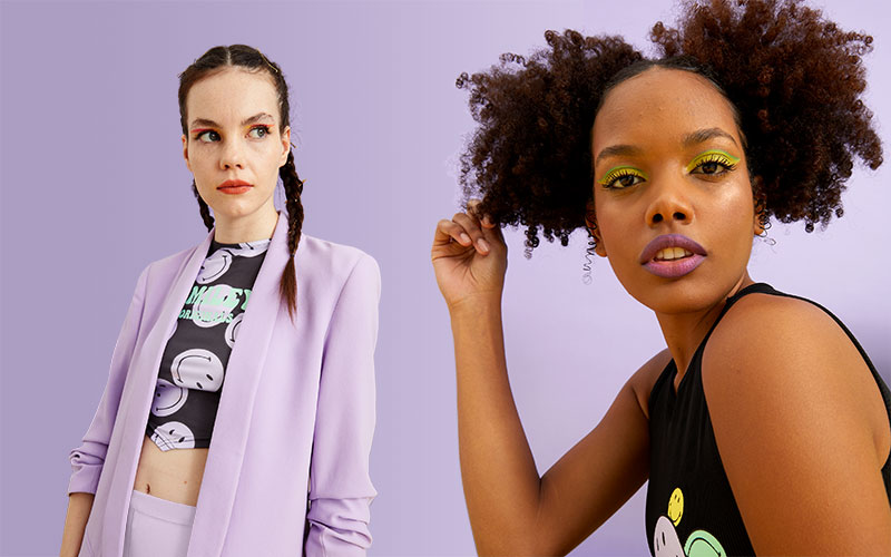 Two models wearing Smiley products